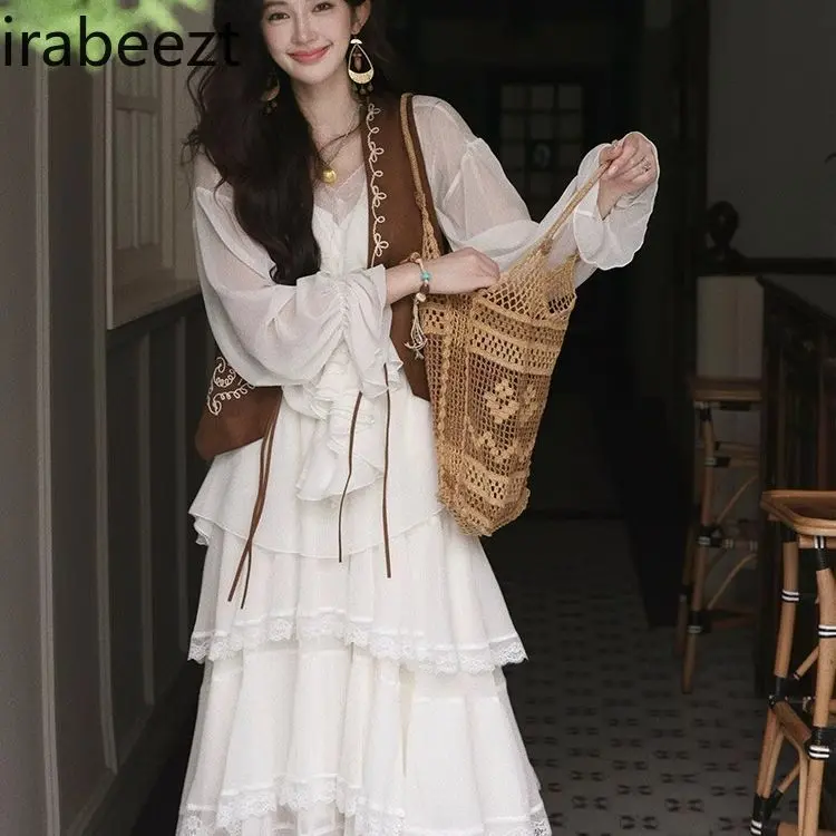 Beige Brown Suede Vest Women's Lightweight Embroidered Waistcoat French Style Slim Fit Spring Fashion Waistcoat Women