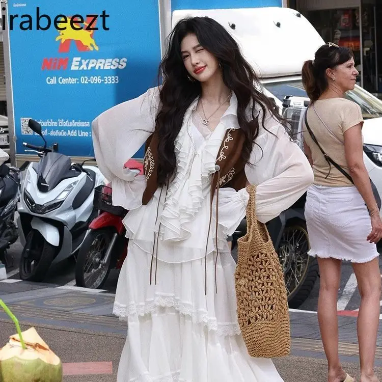 Beige Brown Suede Vest Women's Lightweight Embroidered Waistcoat French Style Slim Fit Spring Fashion Waistcoat Women