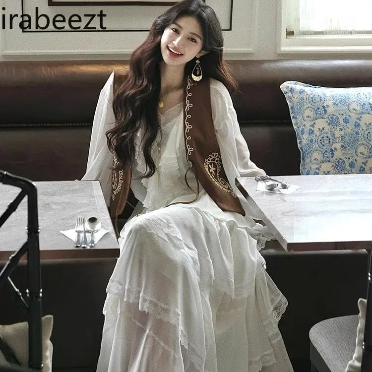 Beige Brown Suede Vest Women's Lightweight Embroidered Waistcoat French Style Slim Fit Spring Fashion Waistcoat Women