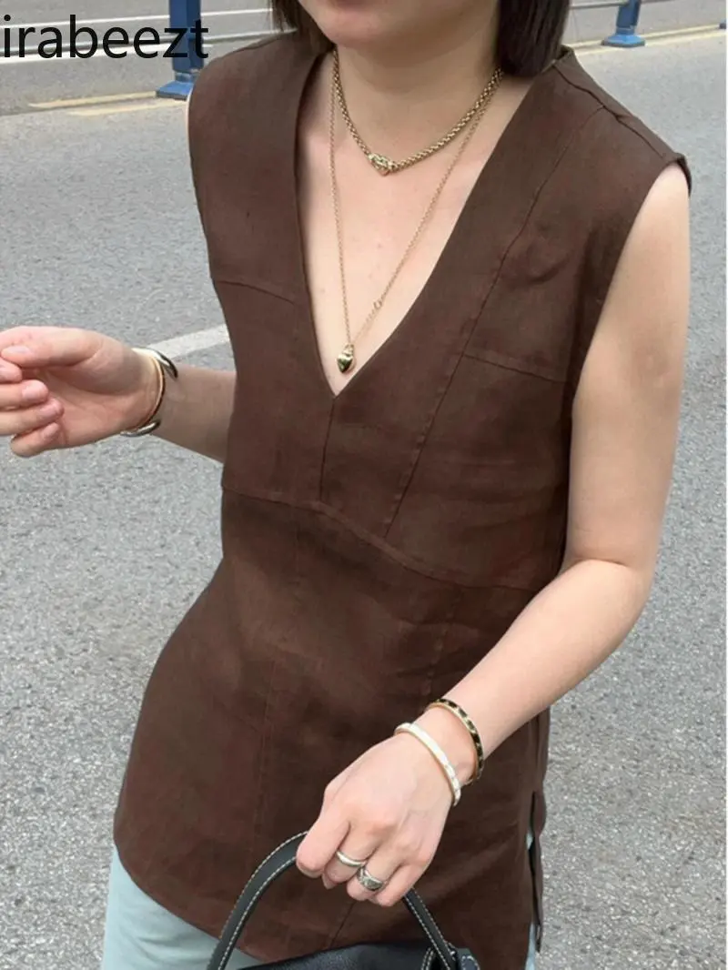 Women's Fashion V-Neck Linen Sleeveless Top - Breathable Summer Camisole for Layering, High Quality Casual Blouse