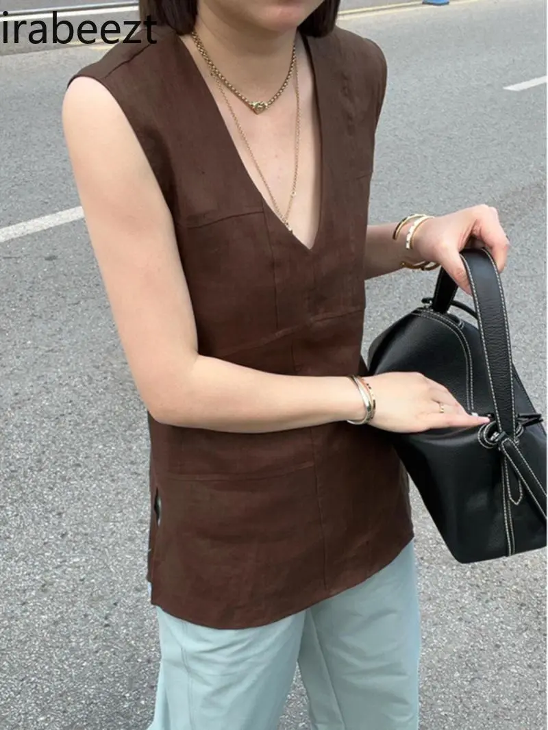 Women's Fashion V-Neck Linen Sleeveless Top - Breathable Summer Camisole for Layering, High Quality Casual Blouse