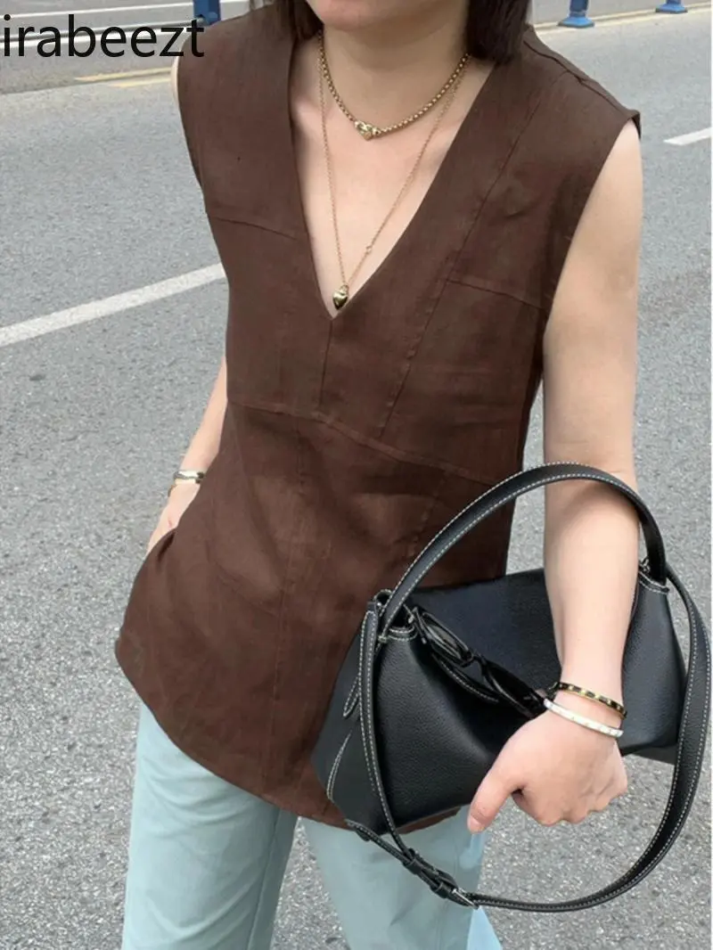 Women's Fashion V-Neck Linen Sleeveless Top - Breathable Summer Camisole for Layering, High Quality Casual Blouse