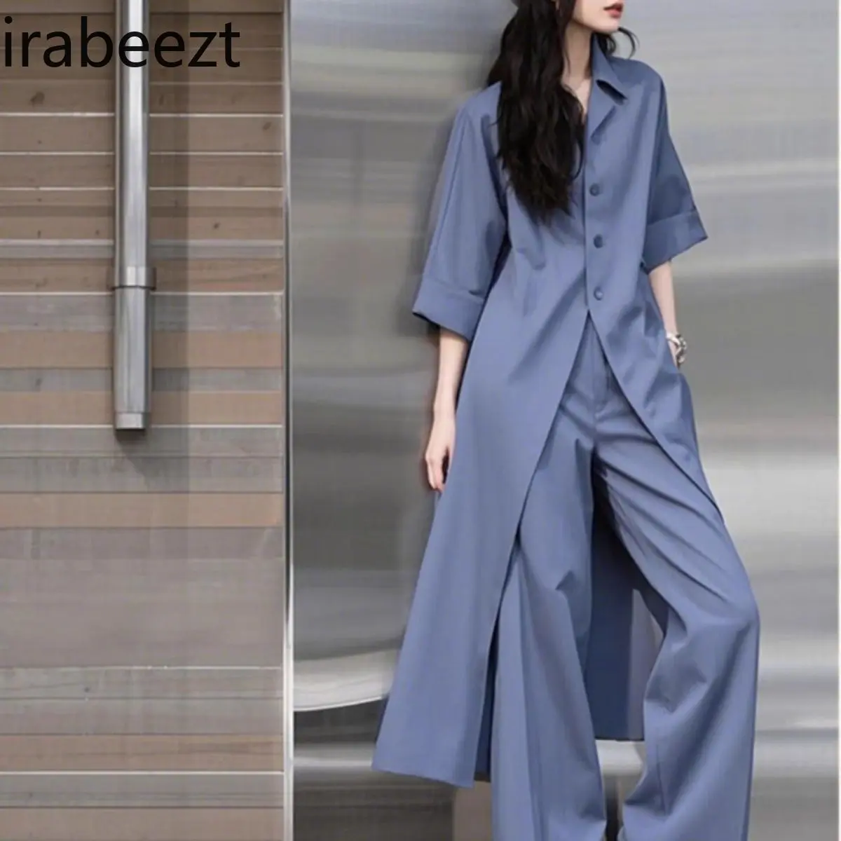 New 2025 American Retro Streetwear Blouse & Wide-Leg Pants Set - Designer Boho Women's Fashion Outfit in Blue