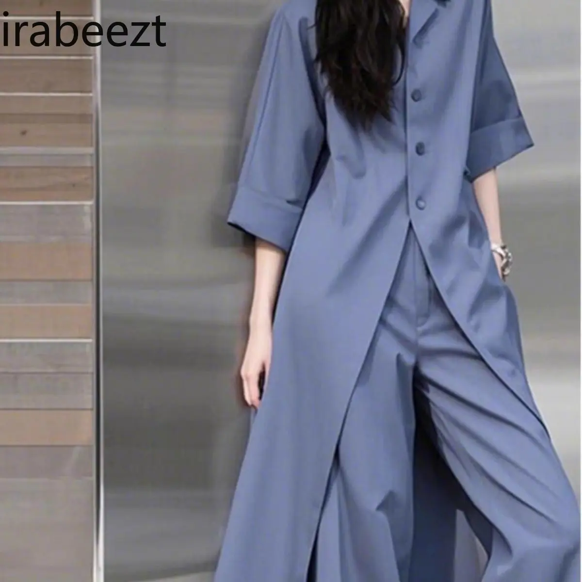 New 2025 American Retro Streetwear Blouse & Wide-Leg Pants Set - Designer Boho Women's Fashion Outfit in Blue