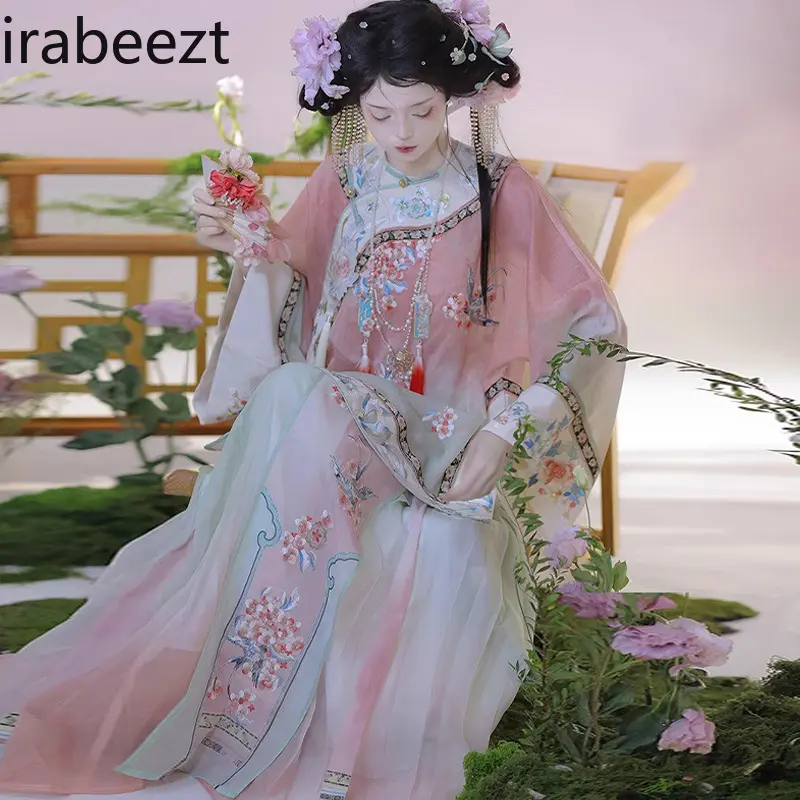 Hot Sale Chinese Hanfu Dress Traditional Embroidery Gradient Print Elegant Blouse + Pleated Skirt Women's National Style Outfit