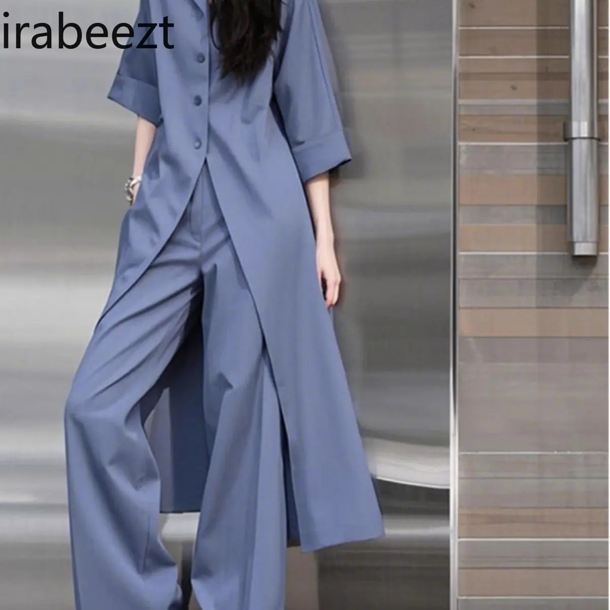 New 2025 American Retro Streetwear Blouse & Wide-Leg Pants Set - Designer Boho Women's Fashion Outfit in Blue