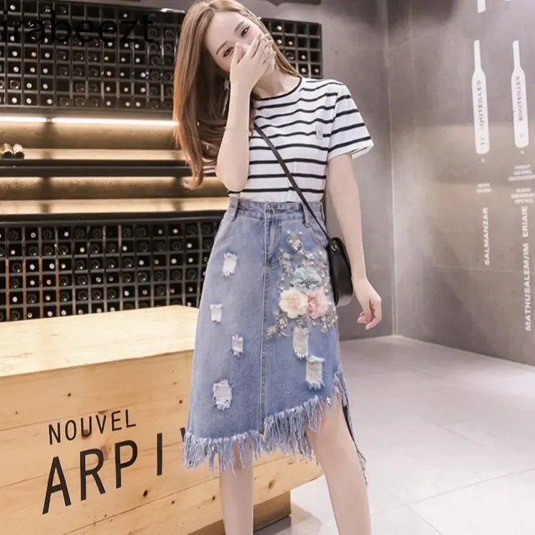 Summer Women's Denim Clothing High Waist A-Line Mid-Length Distressed Ripped Casual Skirt Fashion Thin Stretch Jeans Skirt