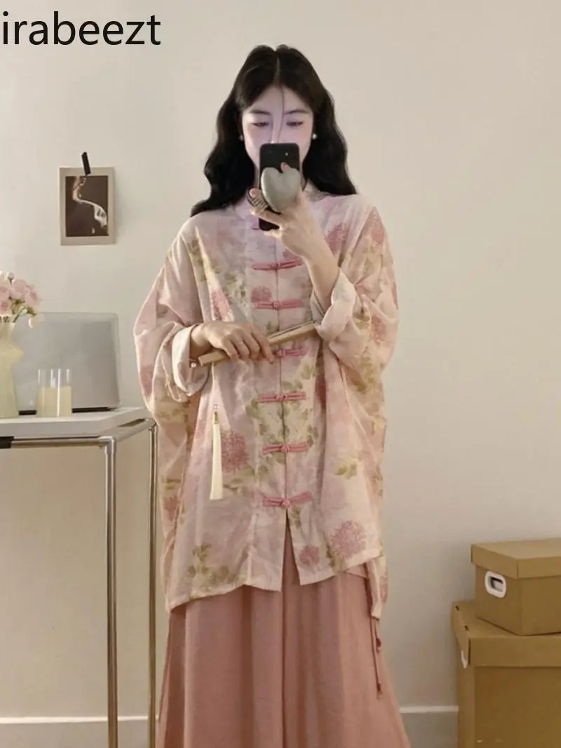 Plus Size Women's Autumn Outfit New Chinese Style Blouse High Waist Flare Pants Suits 2PC Set Loose Casual Elegant Tops Bottoms