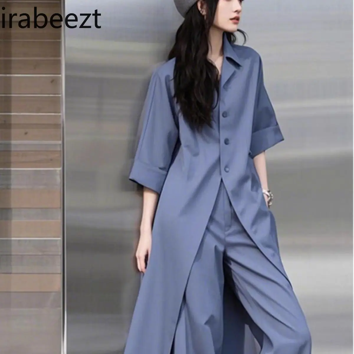 New 2025 American Retro Streetwear Blouse & Wide-Leg Pants Set - Designer Boho Women's Fashion Outfit in Blue