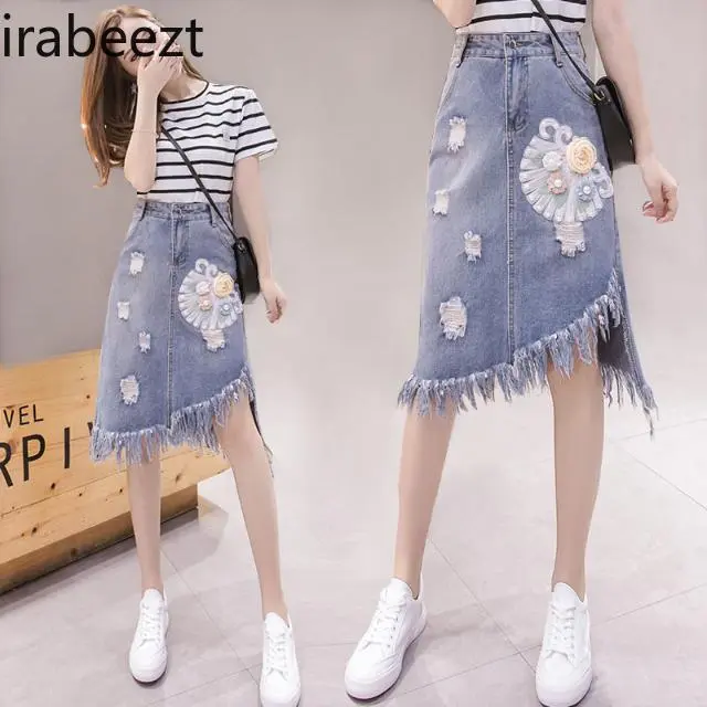 Summer Women's Denim Clothing High Waist A-Line Mid-Length Distressed Ripped Casual Skirt Fashion Thin Stretch Jeans Skirt