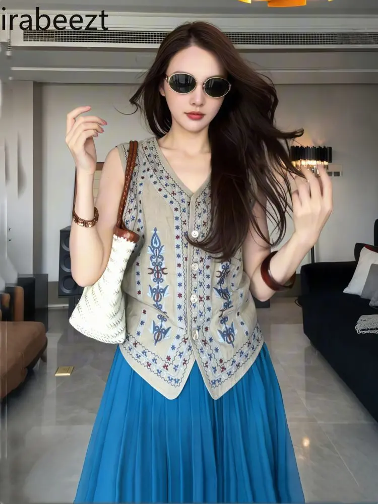 2025 Summer Women's Linen Embroidered Vintage Vest Sleeveless Casual Chic Blouse Top Cardigan Sin Mangas Mujer