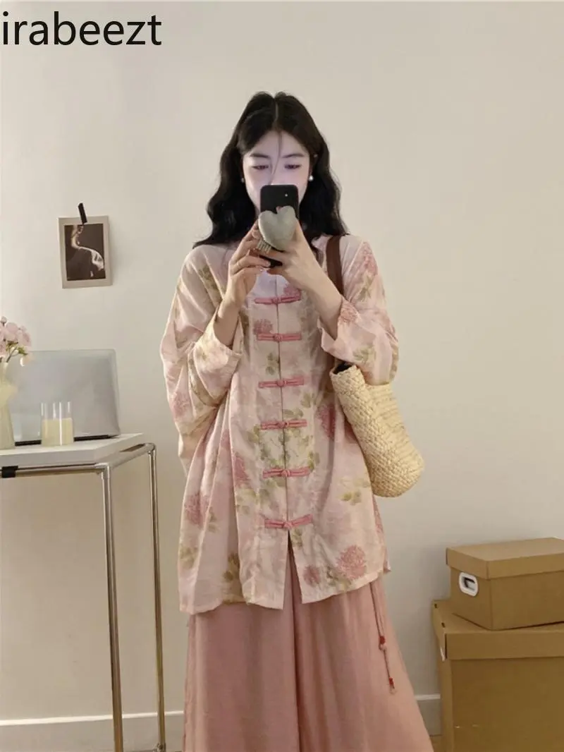 Plus Size Women's Autumn Outfit New Chinese Style Blouse High Waist Flare Pants Suits 2PC Set Loose Casual Elegant Tops Bottoms