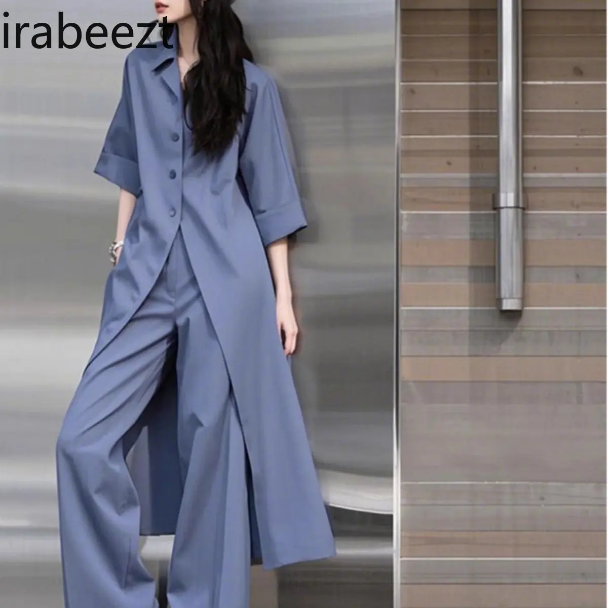 New 2025 American Retro Streetwear Blouse & Wide-Leg Pants Set - Designer Boho Women's Fashion Outfit in Blue