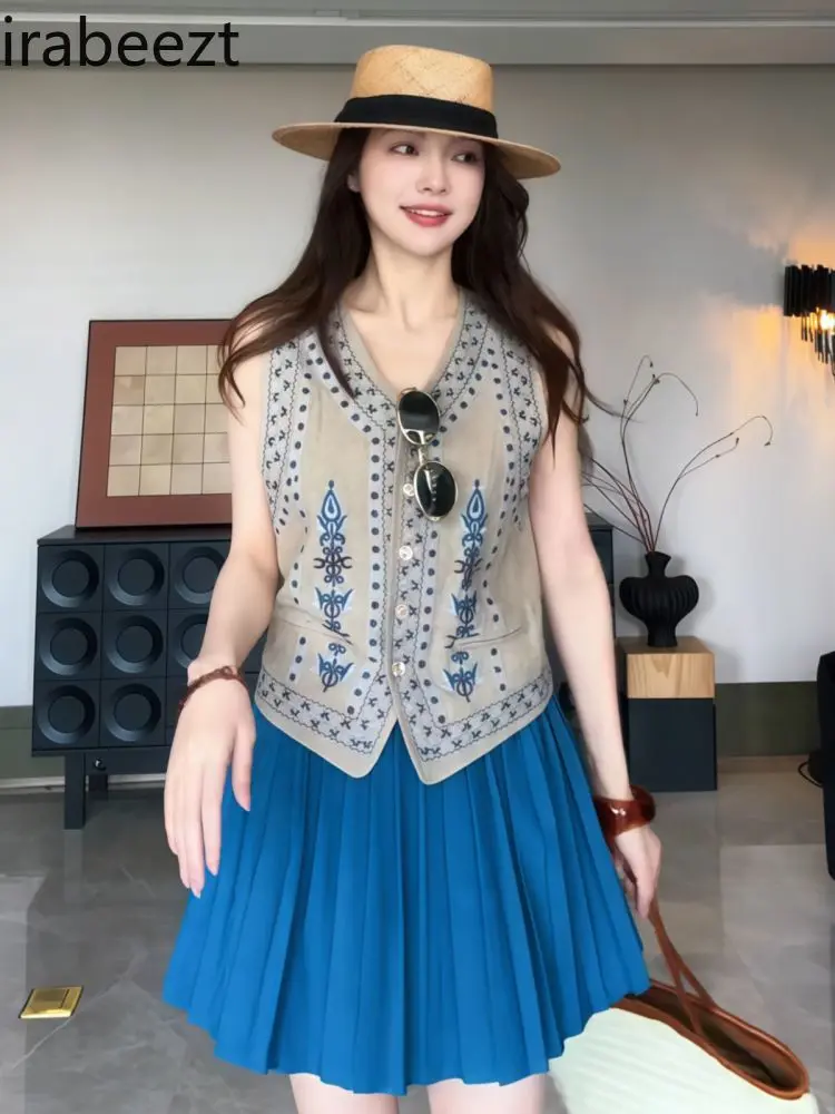 2025 Summer Women's Linen Embroidered Vintage Vest Sleeveless Casual Chic Blouse Top Cardigan Sin Mangas Mujer