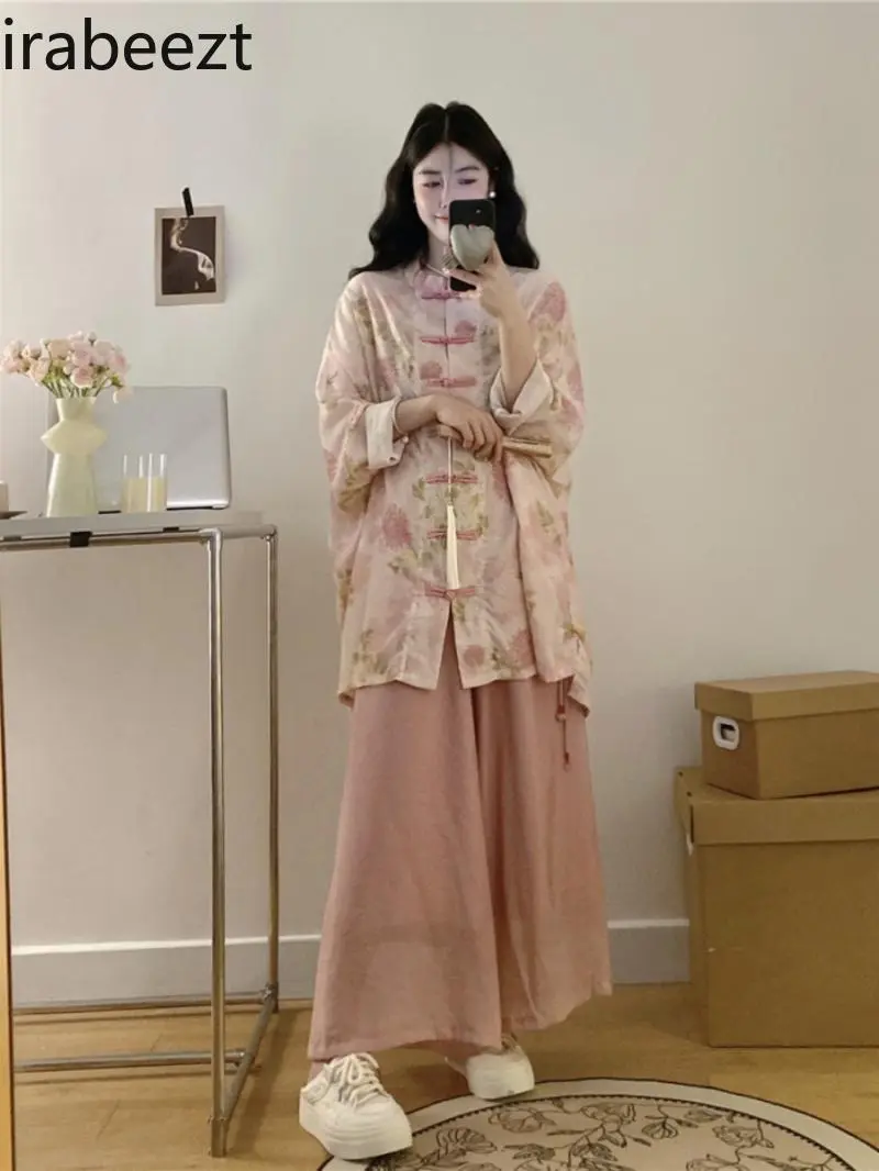 Plus Size Women's Autumn Outfit New Chinese Style Blouse High Waist Flare Pants Suits 2PC Set Loose Casual Elegant Tops Bottoms