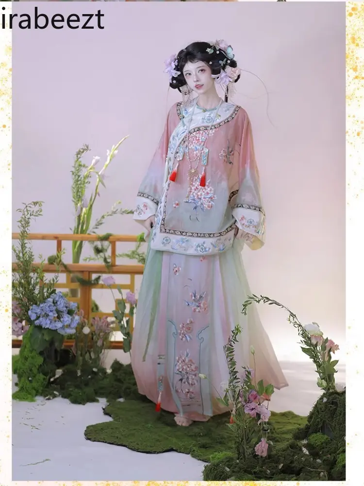 Hot Sale Chinese Hanfu Dress Traditional Embroidery Gradient Print Elegant Blouse + Pleated Skirt Women's National Style Outfit