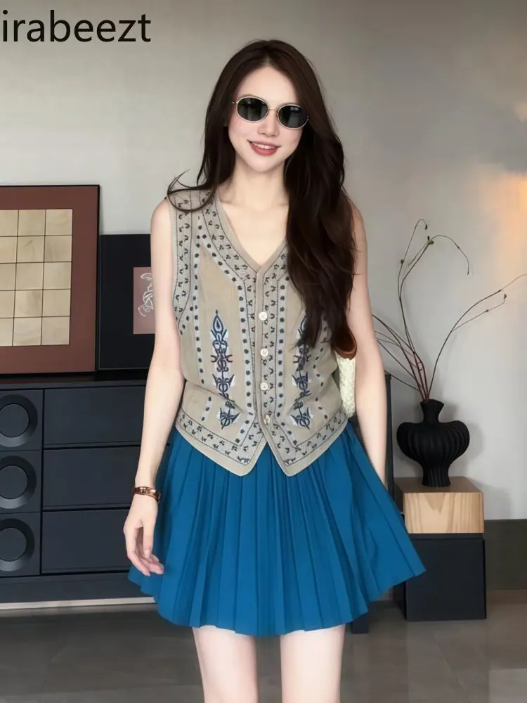 2025 Summer Women's Linen Embroidered Vintage Vest Sleeveless Casual Chic Blouse Top Cardigan Sin Mangas Mujer