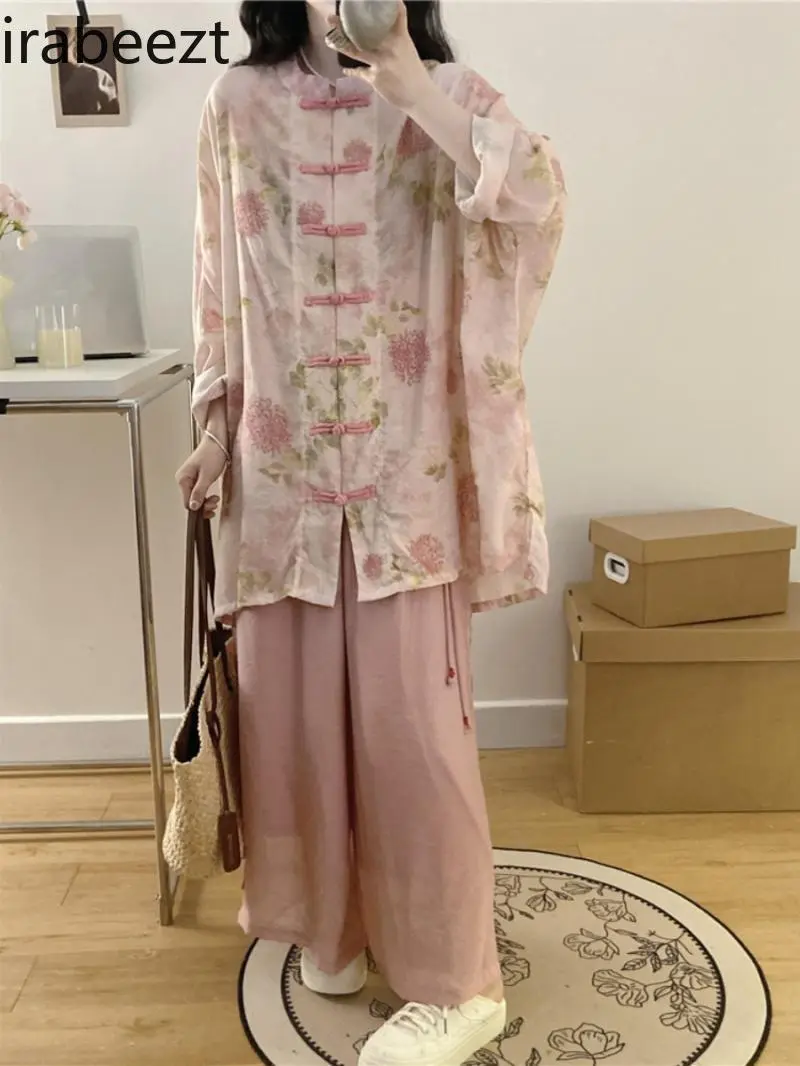 Plus Size Women's Autumn Outfit New Chinese Style Blouse High Waist Flare Pants Suits 2PC Set Loose Casual Elegant Tops Bottoms
