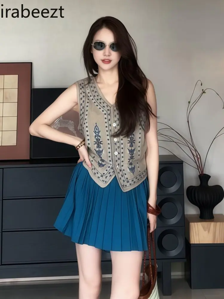 2025 Summer Women's Linen Embroidered Vintage Vest Sleeveless Casual Chic Blouse Top Cardigan Sin Mangas Mujer