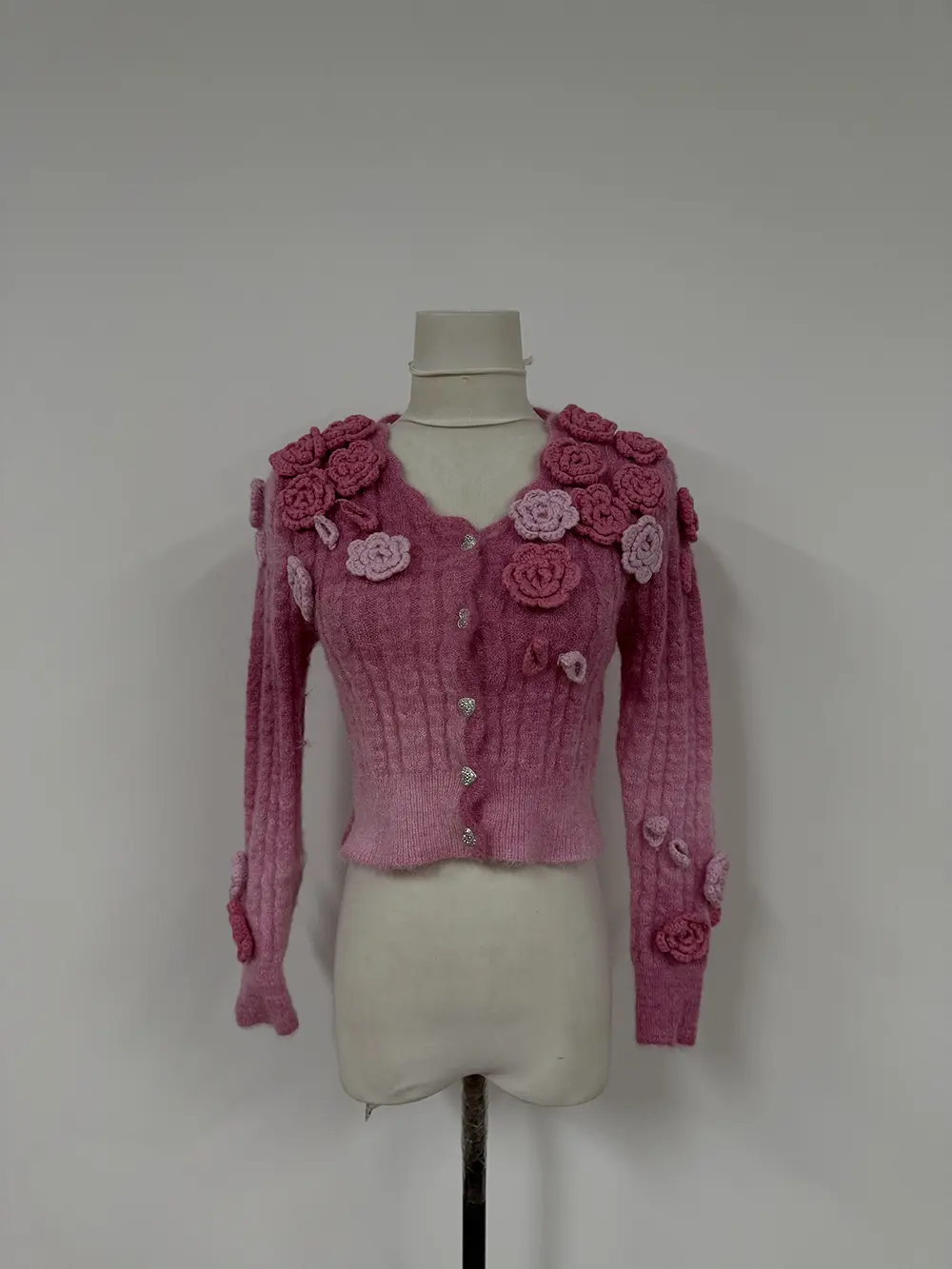French Advanced Sense Romantic Three-dimensional Rose Pink Sweater Female Autumn and Winter V-neck Knitted Cardigan