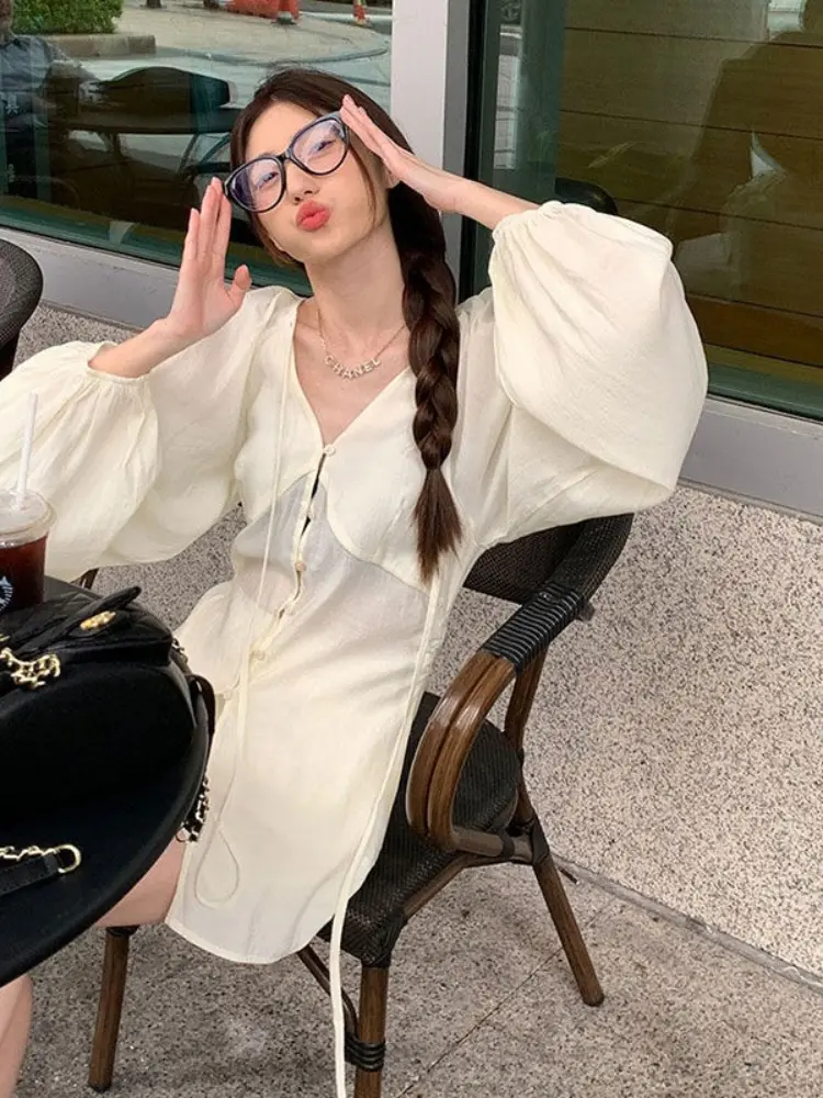 Summer 2025 Women's V Neck Long Sleeve Blouse & Wide - Leg Shorts Set Lightweight Chiffon Two Piece Outfit for Women