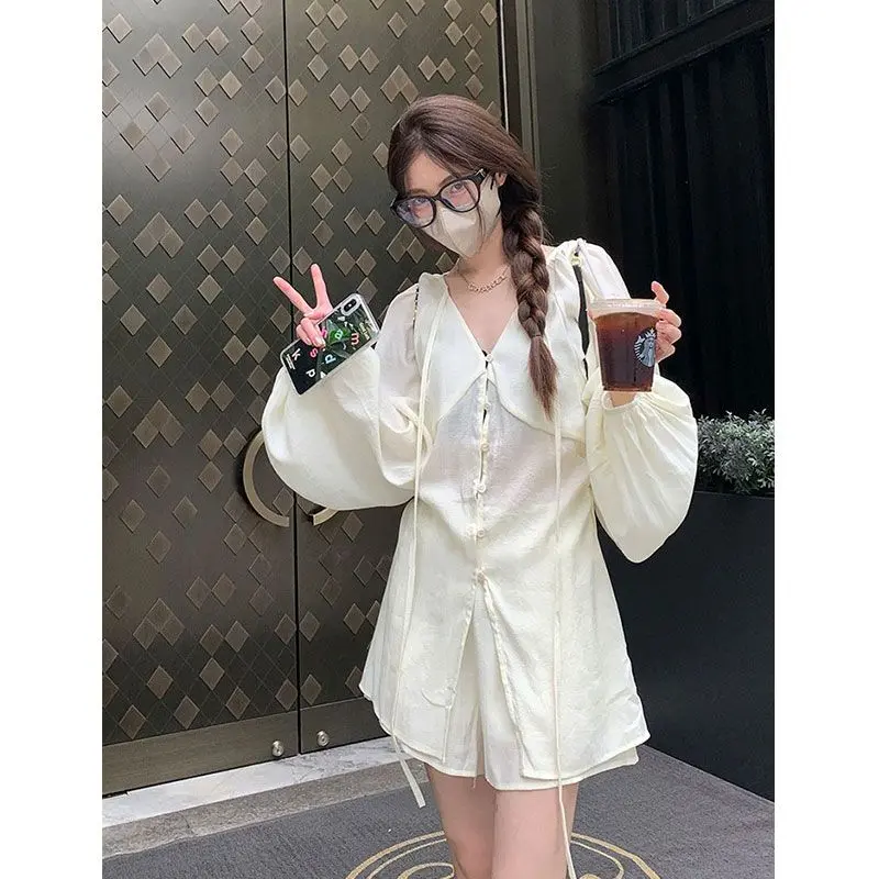 Summer 2025 Women's V Neck Long Sleeve Blouse & Wide - Leg Shorts Set Lightweight Chiffon Two Piece Outfit for Women
