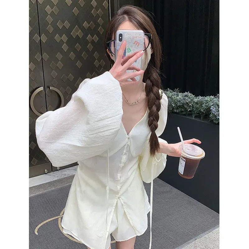 Summer 2025 Women's V Neck Long Sleeve Blouse & Wide - Leg Shorts Set Lightweight Chiffon Two Piece Outfit for Women