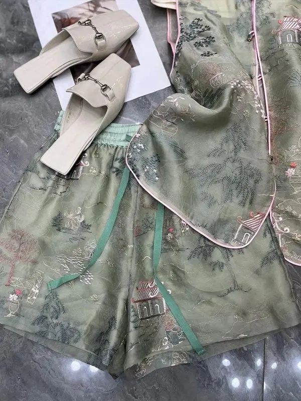 Neo-Chinese Style Women's Suit 2025 Summer Vest & Shorts Set Elegant Linen Two-Piece Outfit High Waisted Loose Pants Casual