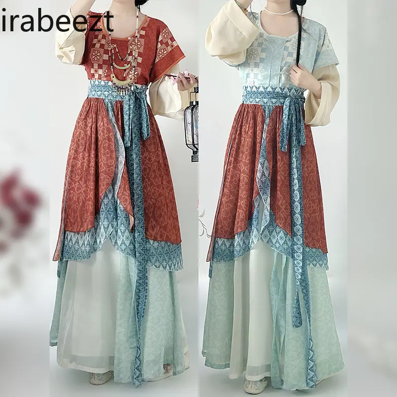 Vintage Tang Dynasty Hanfu Women's Top with Round Neck & High-Waisted Eight-Panel Skirt Set Traditional Chinese Costume