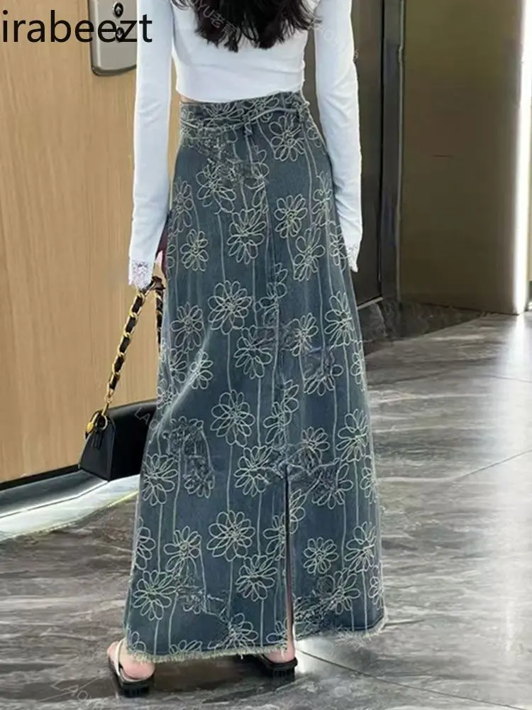 2025 Summer High Waist Denim Skirt Women's Embroidery A-Line Long Split Loose Fit Distressed Hem Boho Vintage Blue Jeans