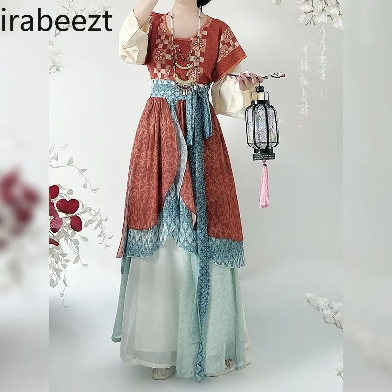 Vintage Tang Dynasty Hanfu Women's Top with Round Neck & High-Waisted Eight-Panel Skirt Set Traditional Chinese Costume