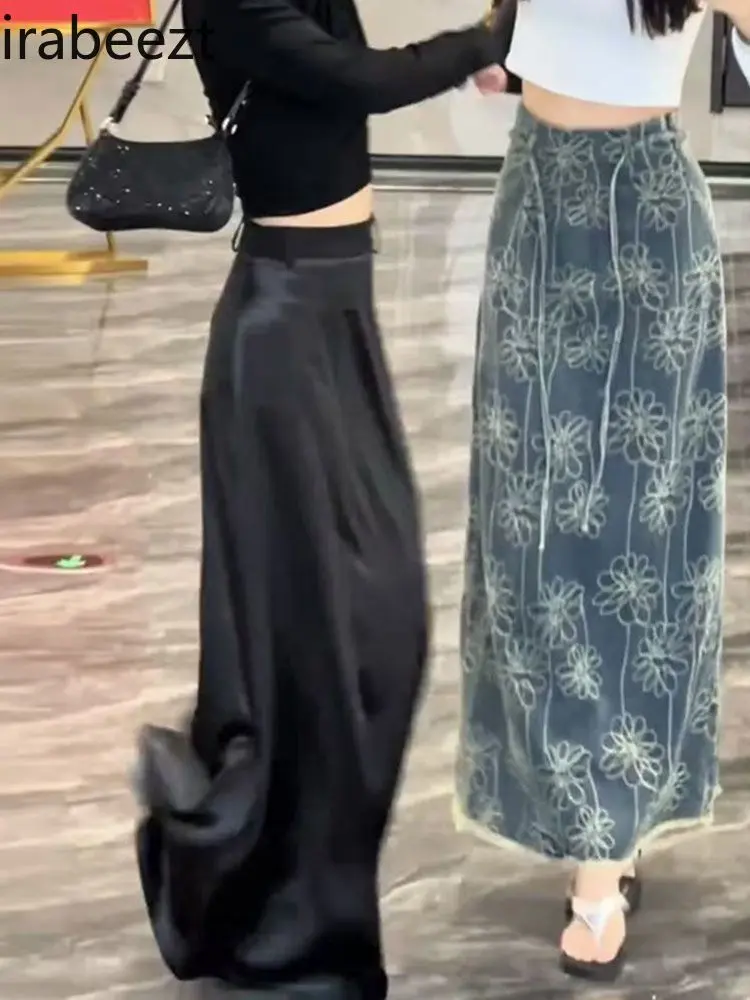 2025 Summer High Waist Denim Skirt Women's Embroidery A-Line Long Split Loose Fit Distressed Hem Boho Vintage Blue Jeans