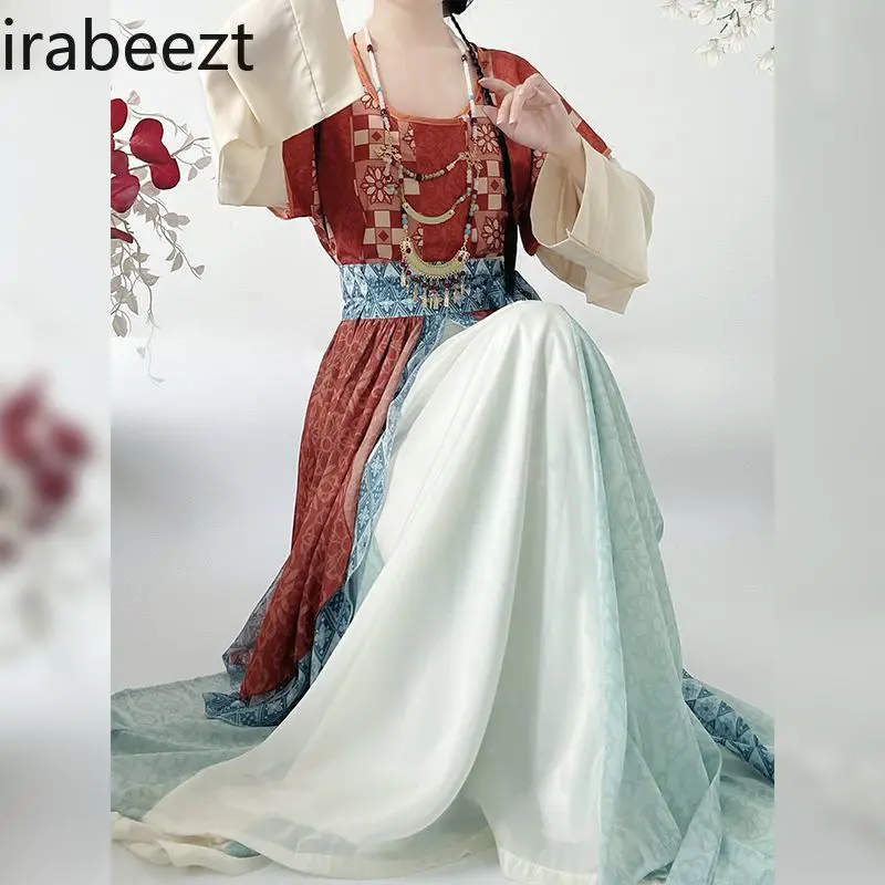 Vintage Tang Dynasty Hanfu Women's Top with Round Neck & High-Waisted Eight-Panel Skirt Set Traditional Chinese Costume