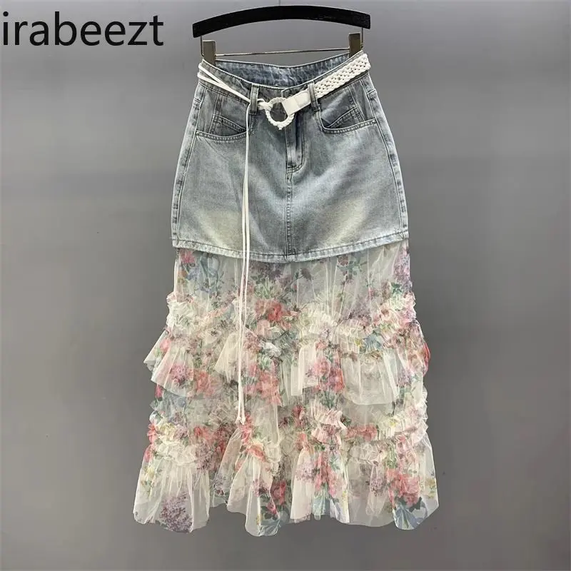 High Waist Slim Fit Stretchy Jeans Skirt for Women Summer Fashion Bodycon Midi Length Skirt with Lace Trim