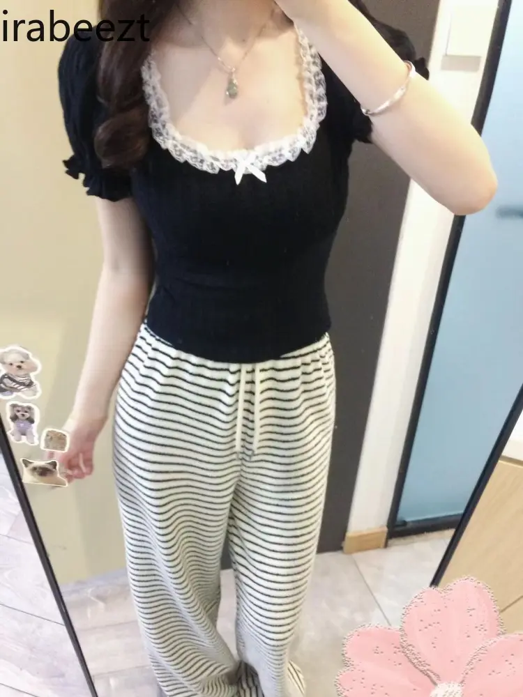 French-Style Square Neckline Lace Trim T-Shirt Women's Summer Short Sleeve Crop Top Puff Sleeves Cute & Sexy Cropped Bodysuit