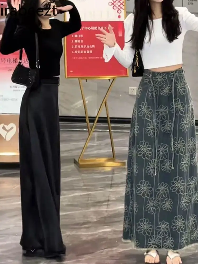 2025 Summer High Waist Denim Skirt Women's Embroidery A-Line Long Split Loose Fit Distressed Hem Boho Vintage Blue Jeans