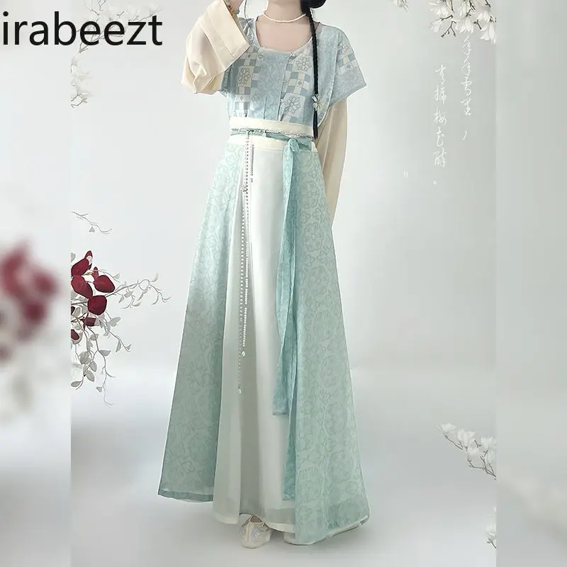 Vintage Tang Dynasty Hanfu Women's Top with Round Neck & High-Waisted Eight-Panel Skirt Set Traditional Chinese Costume