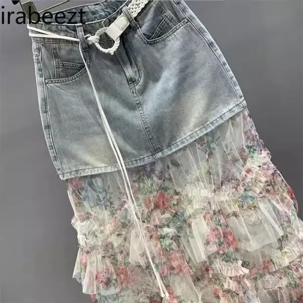 High Waist Slim Fit Stretchy Jeans Skirt for Women Summer Fashion Bodycon Midi Length Skirt with Lace Trim