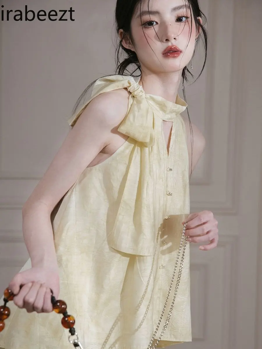 Mugwort Light Yellow Lenzing Modal Necktie Crop Top + Shorts Set | Multicolor Mood Feminine Casual Summer Dresses Women Clothing