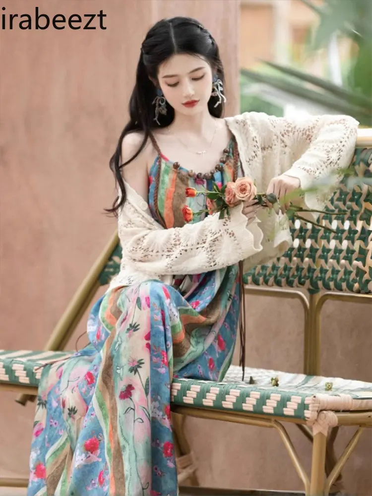 Large Size Fat Girl Bohemian Holiday Style Long Robe Female Summer Ethnic Tie-dye Floral Dress Suit Ethicka Womans Set