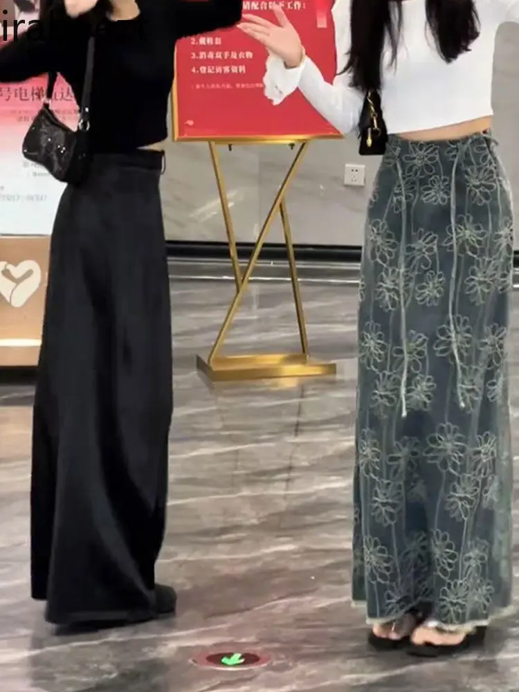 2025 Summer High Waist Denim Skirt Women's Embroidery A-Line Long Split Loose Fit Distressed Hem Boho Vintage Blue Jeans