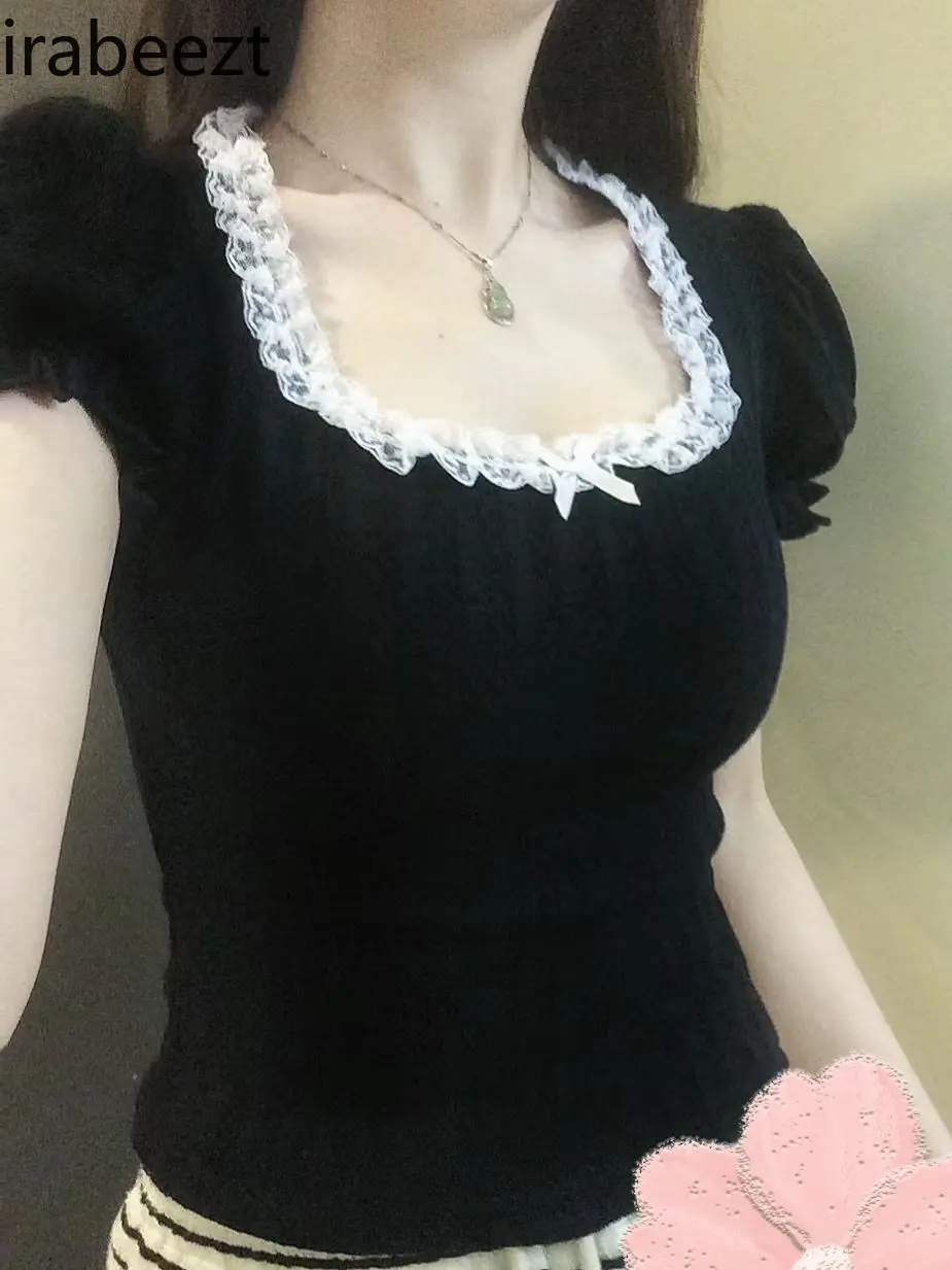 French-Style Square Neckline Lace Trim T-Shirt Women's Summer Short Sleeve Crop Top Puff Sleeves Cute & Sexy Cropped Bodysuit