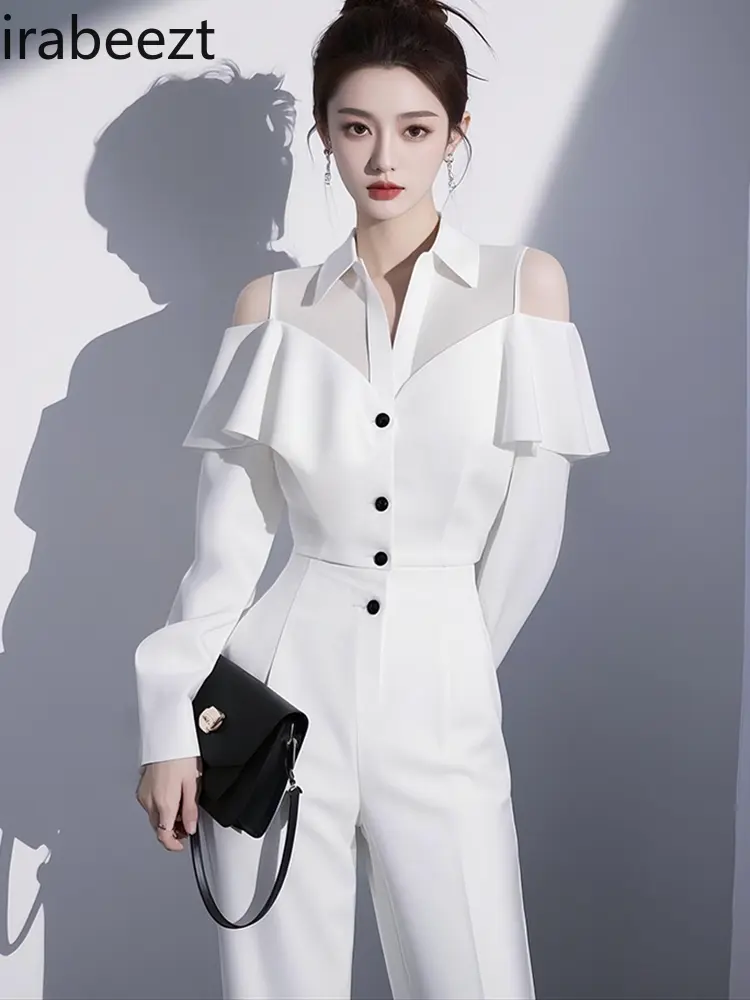 Spring Outfit High-end European Beautiful and Fashionable White Off-shoulder Shirt and Pants Suit 2 Piece Sets Womens Outfits