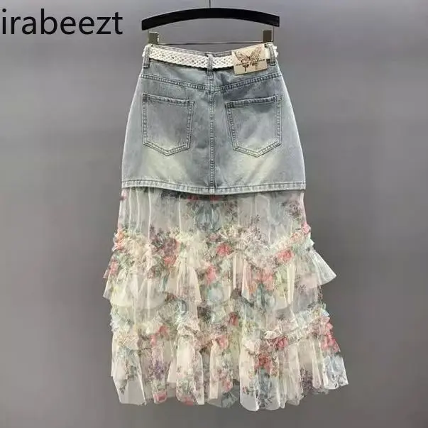 High Waist Slim Fit Stretchy Jeans Skirt for Women Summer Fashion Bodycon Midi Length Skirt with Lace Trim