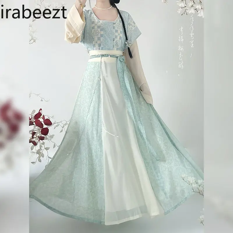 Vintage Tang Dynasty Hanfu Women's Top with Round Neck & High-Waisted Eight-Panel Skirt Set Traditional Chinese Costume