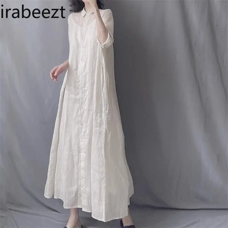 Women's Bohemian Linen Shirt Robe Loose Fit Oversize Flowy A-Line Blouse Dress with Turn-Down Collar Casual Long Sleeve Dresses