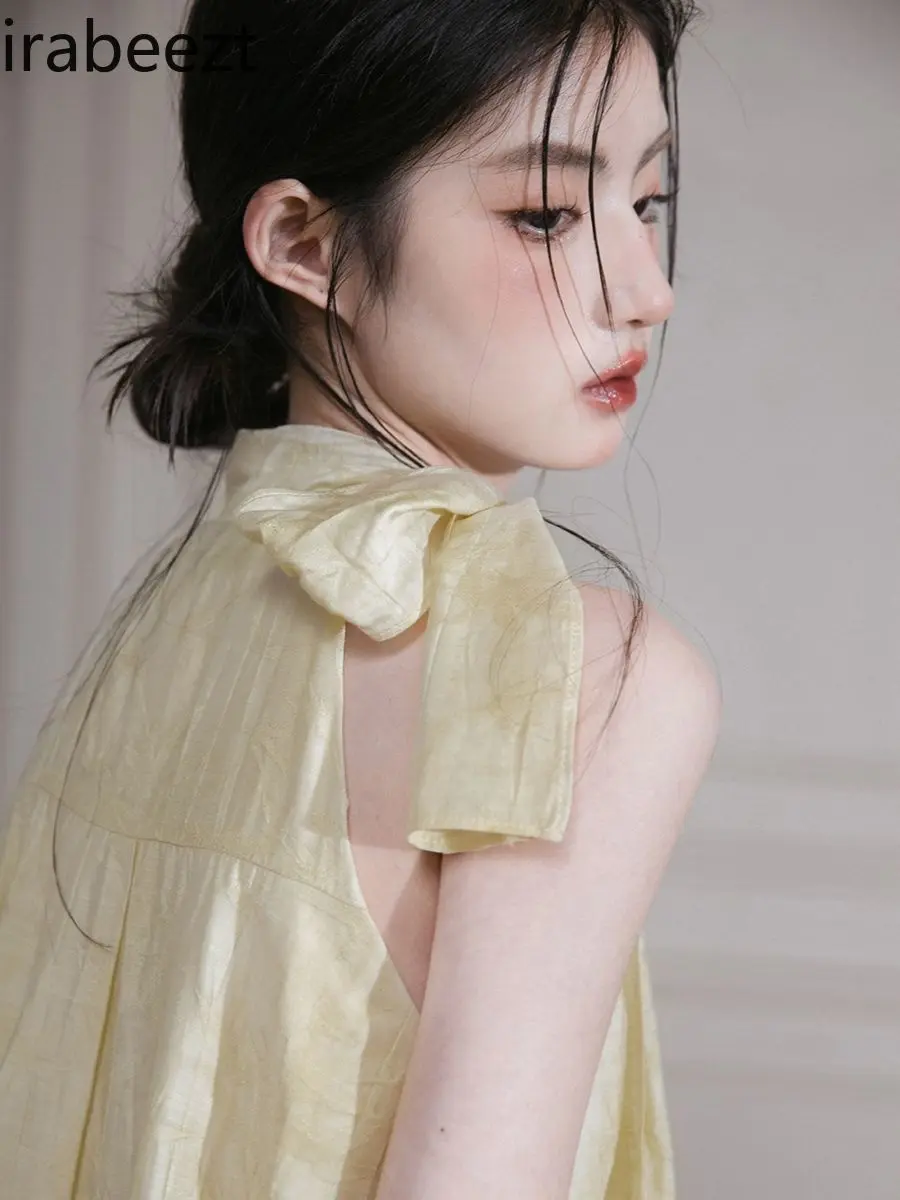 Mugwort Light Yellow Lenzing Modal Necktie Crop Top + Shorts Set | Multicolor Mood Feminine Casual Summer Dresses Women Clothing