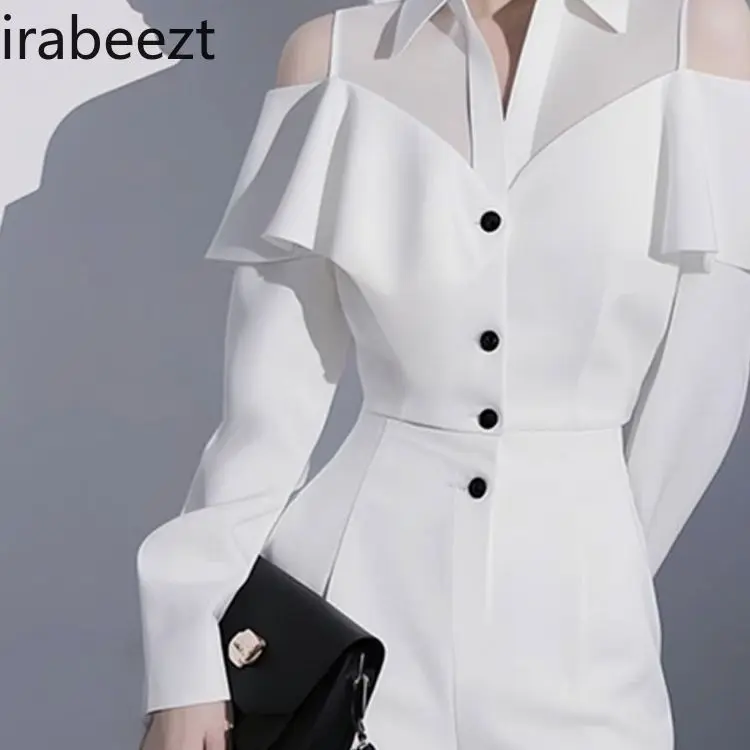 Spring Outfit High-end European Beautiful and Fashionable White Off-shoulder Shirt and Pants Suit 2 Piece Sets Womens Outfits