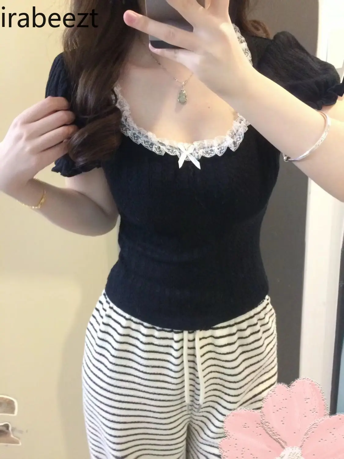 French-Style Square Neckline Lace Trim T-Shirt Women's Summer Short Sleeve Crop Top Puff Sleeves Cute & Sexy Cropped Bodysuit