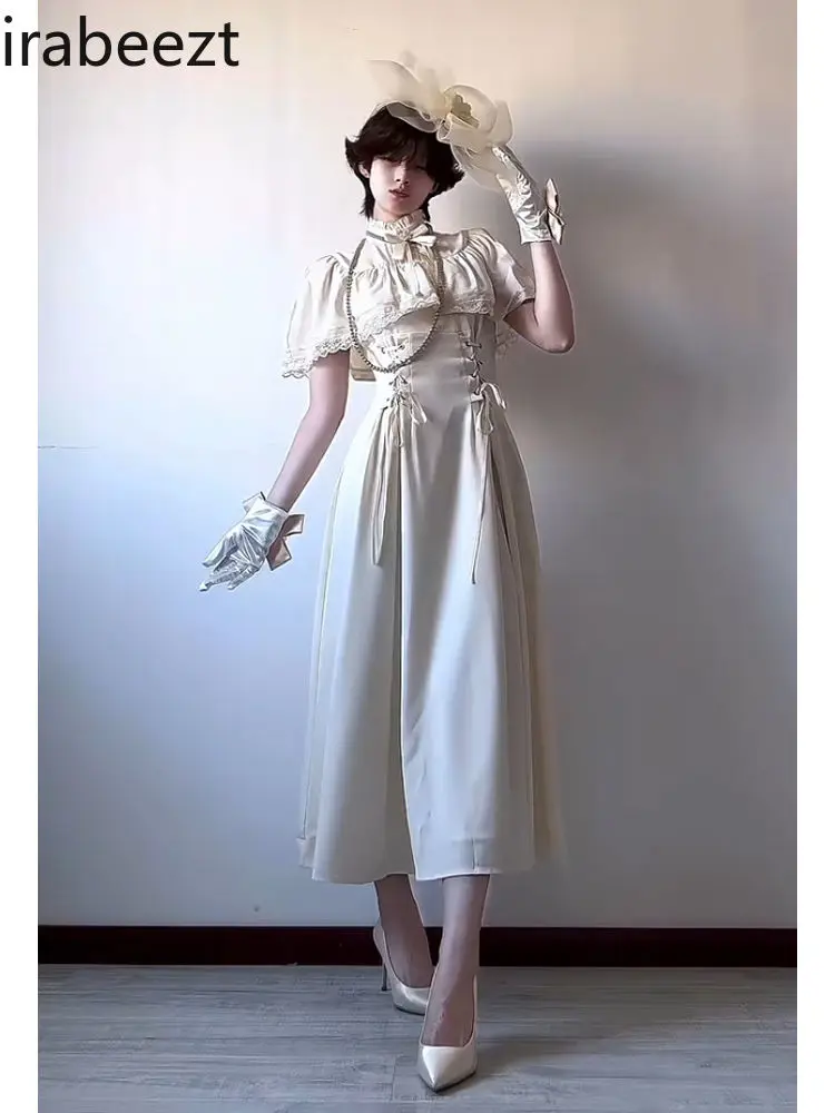 Gothic Lace Dress Women 2025 Elegant Waist-Tied Short Sleeve Victorian Style Party Dress Vestidos de Fiesta Dark Aesthetic